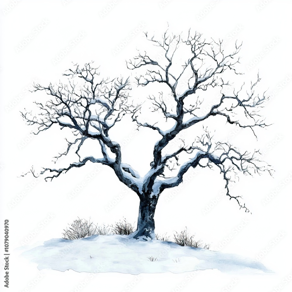 A solitary, leafless tree stands gracefully in a snowy landscape, showcasing its intricate branches against a serene white background. A solitary, leafless tree stands gracefully in a snowy landscape, showcasing its intricate branches against a serene white background.