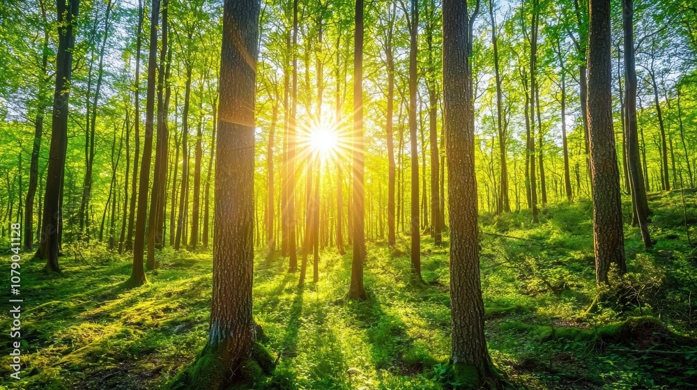 Obraz premium Enchanting Sunlight Filtering Through Lush Green Forest Trees Creating a Magical Atmosphere of Serene Nature and Vibrant Outdoor Scenery in Early Morning Light