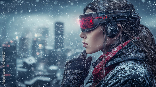 Futuristic woman in high-tech visor in snowy cyberpunk cityscape, exploring a sci-fi urban world photo