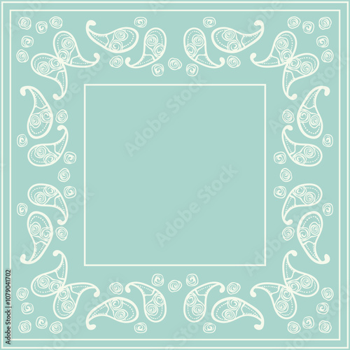 Print for kerchief, bandana, scarf, handkerchief, shawl, neck scarf. Squared pattern with ornament for fabric, textile, silk products. Paisley vector with abstract flowers. Floral folk tracery