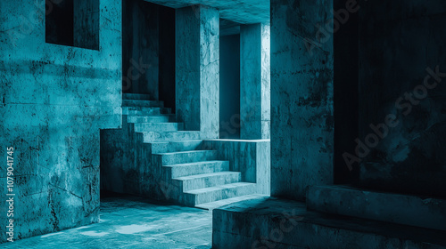 Abstract architectural space with concrete walls and geometric stairs, illuminated with blue light