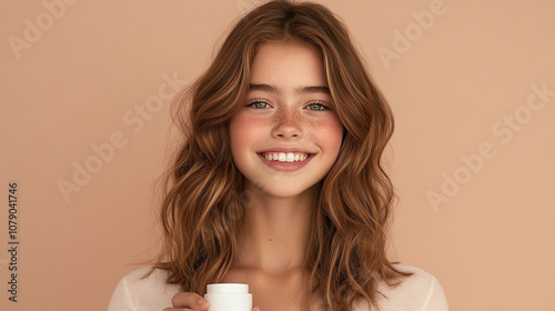 A Young Woman Smiling Brightly While Holding a Skincare Product Against a Soft Peach Background, Showcasing Healthy Skin and Natural Beauty in a Casual Setting