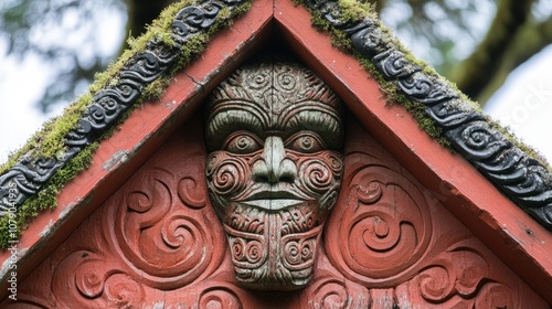 Traditional Maori Carving on a Red Wooden Structure photo