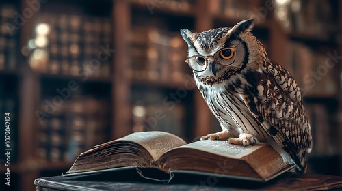 Wallpaper Mural Sophisticated Owl Perched on Open Book in Antique Library Torontodigital.ca