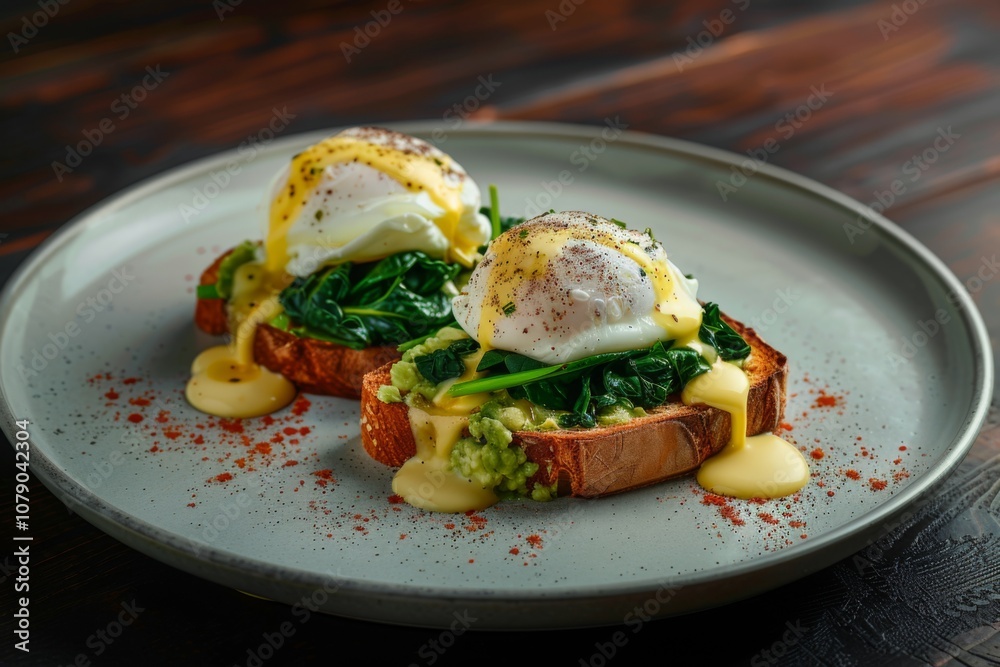 Avocado toast with poached eggs and spinach Avocado toast with poached eggs and spinach