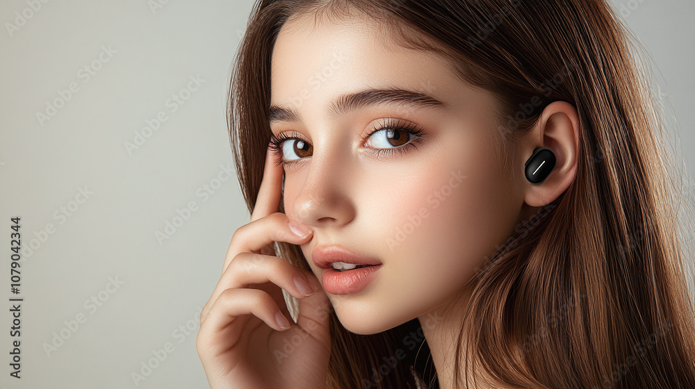 Young Woman With Long Hair Wearing Wireless Earbuds Poses Thoughtfully in a Serene Indoor Setting, Highlighting Modern Technology's Role in Daily Life Young Woman With Long Hair Wearing Wireless Earbuds Poses Thoughtfully in a Serene Indoor Setting, Highlighting Modern Technology's Role in Daily Life