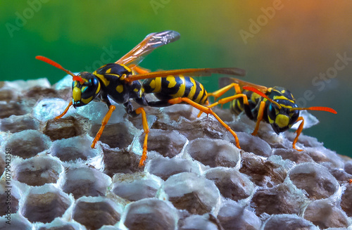 Paper wasp Polistes gallicus - Wasp nest with larvae and pupae in paper honeycomb photo