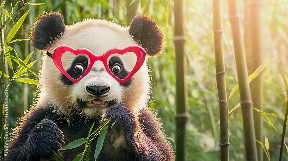 Obraz premium Adorable Panda Wearing Heart Shaped Glasses Munching Bamboo in Forest