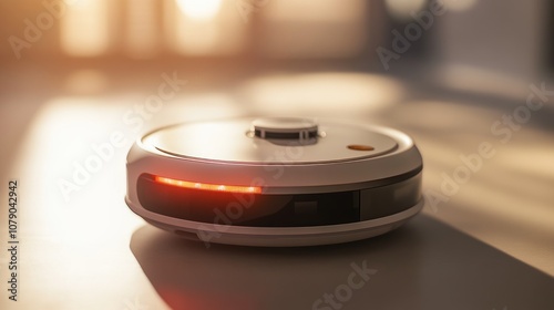 A Modern Robot Vacuum Cleaner on a White Surface