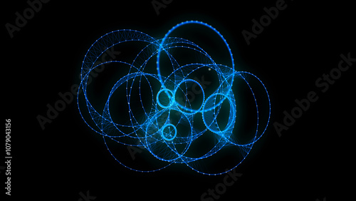 Abstract blue sphere on black background. Wireframe circle structure with glowing particles. Futuristic digital illustration. 3D rendering.