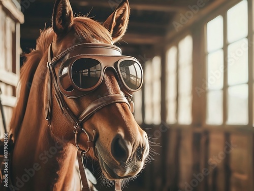 Vintage Pilot Horse Standing in Stable Wearing Aviator Sunglasses with Leather Strap photo