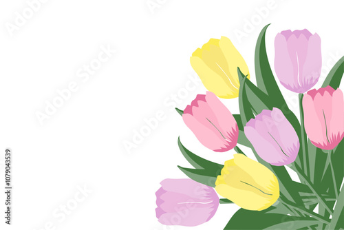 Buquet tulips. Elegant tulip bouquet with pastel colors and green leaves in a minimalist composition. Design for banners, cards, flyers, celebration, wedding, invitation, social media wallpapers.