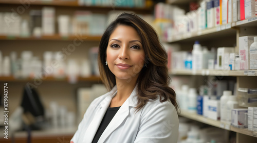 female pharmacist with pharmacy shelves.