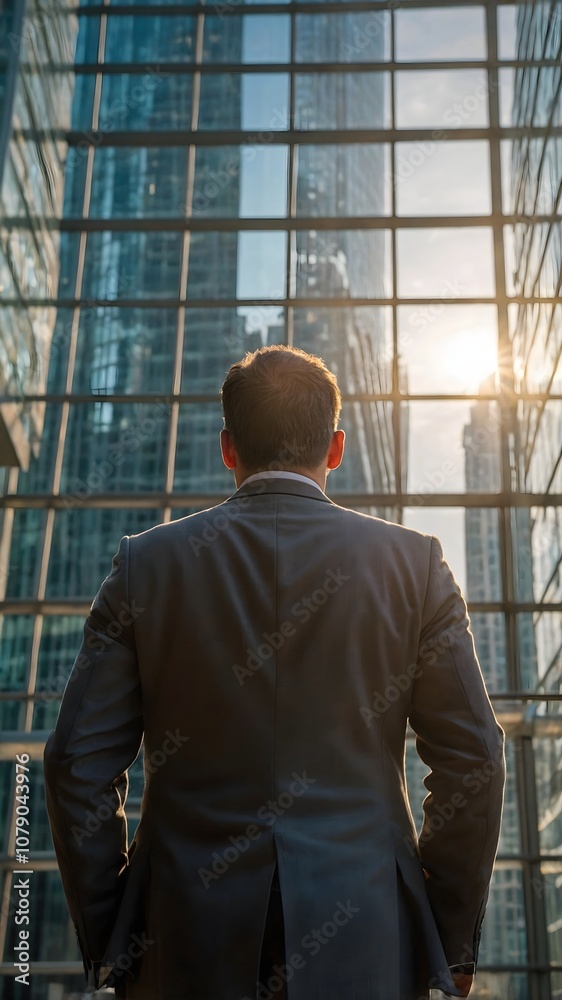 custom made wallpaper toronto digitalCorporate leader in suit gazing at tall glass buildings, representing wealth, financial freedom, and business strategy