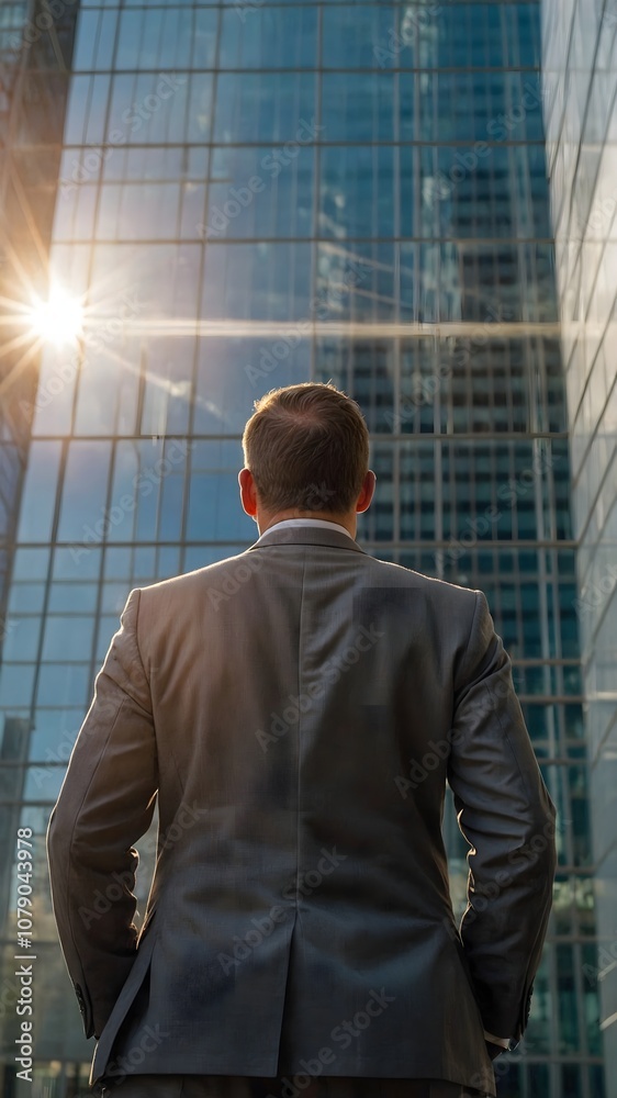 Professional in formal wear gazing at modern office buildings, evoking financial freedom and corporate ambition Professional in formal wear gazing at modern office buildings, evoking financial freedom and corporate ambition