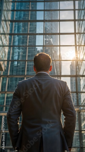 Wallpaper Mural Corporate leader in suit gazing at tall glass buildings, representing wealth, financial freedom, and business strategy Torontodigital.ca