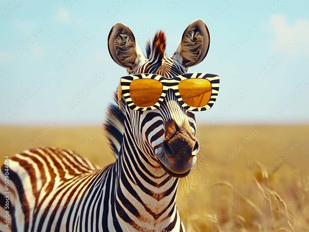 Obraz premium Playful Zebra Wearing Funky Striped Sunglasses in the Savannah Landscape