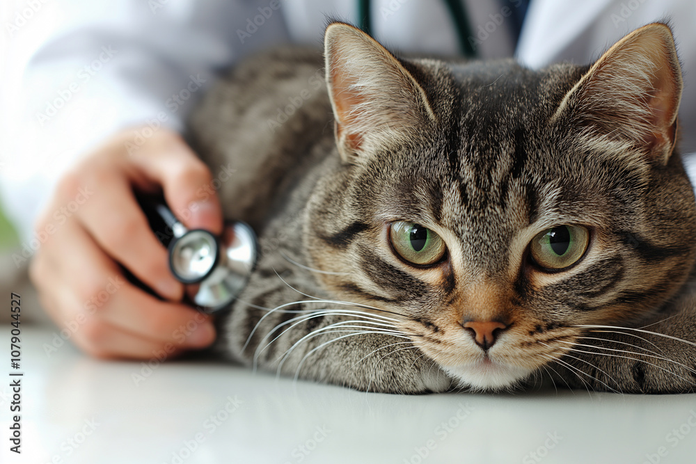 The veterinarian is using a stethoscope on a cute American Shorthair cat on a table The veterinarian is using a stethoscope on a cute American Shorthair cat on a table