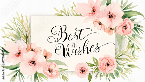 A Romantic Floral Card: A romantic and elegant card with pink flowers and greenery, perfect for a wedding invitation or anniversary card. Birthday. Best Wishes. Illustration. 1