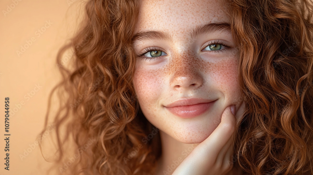 A Cheerful Young Girl With Curly Red Hair and Freckles Smiles Warmly While Resting Her Chin on Her Hand, Showcasing Bright Green Eyes Against a Warm, Neutral Background A Cheerful Young Girl With Curly Red Hair and Freckles Smiles Warmly While Resting Her Chin on Her Hand, Showcasing Bright Green Eyes Against a Warm, Neutral Background