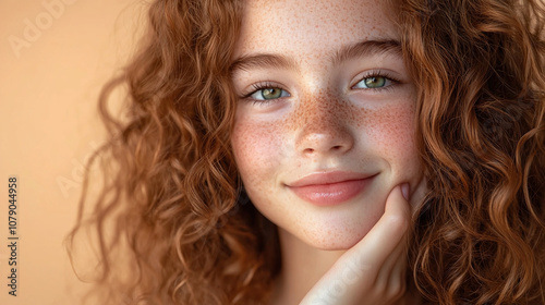 A Cheerful Young Girl With Curly Red Hair and Freckles Smiles Warmly While Resting Her Chin on Her Hand, Showcasing Bright Green Eyes Against a Warm, Neutral Background