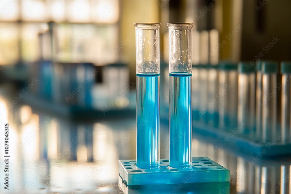 Vibrant blue liquids in test tubes on a laboratory bench during daylight. Generative AI Vibrant blue liquids in test tubes on a laboratory bench during daylight. Generative AI