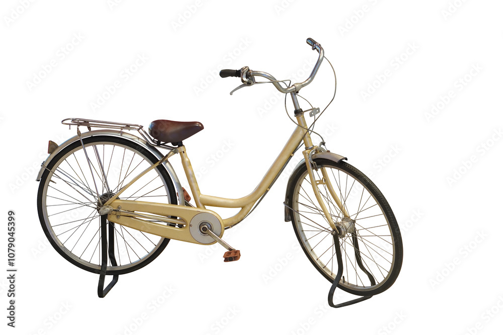 side view old yellow and brown and white bicycle on white background, transportation, object, decor, fashion, copy space side view old yellow and brown and white bicycle on white background, transportation, object, decor, fashion, copy space