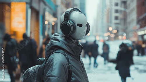 Robot dressed in sportswear and headphones in his ears, walking around New York City in winter