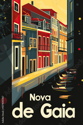 Vila Nova de Gaia, Portugal, modern vintage travel poster, wallpaper, background, banner, backdrop, retro card print. Art nouveau, art deco, swiss style and futurism. Dark, red, blue, white, black photo