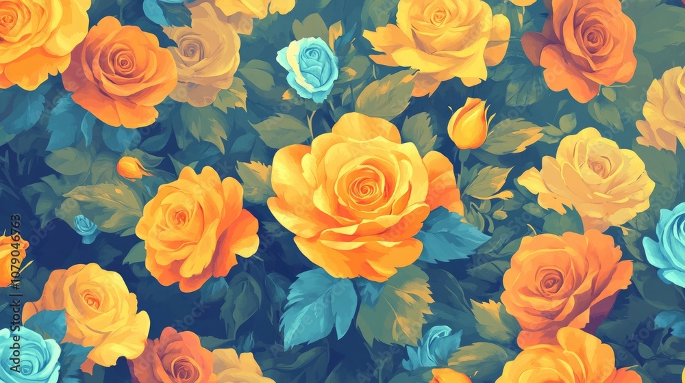 Vibrant Floral Print. Spring Rose Bloom in Vivid Yellow, Orange, and Blue Tones Vibrant Floral Print. Spring Rose Bloom in Vivid Yellow, Orange, and Blue Tones