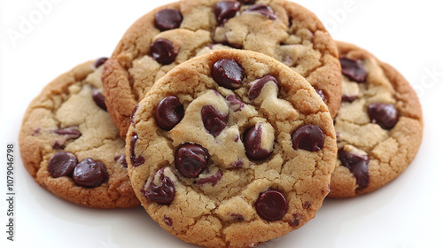 Delicious chocolate chip cookies stacked on white background, showcasing their golden brown color and rich chocolate chips. Perfect for dessert or sweet snack!