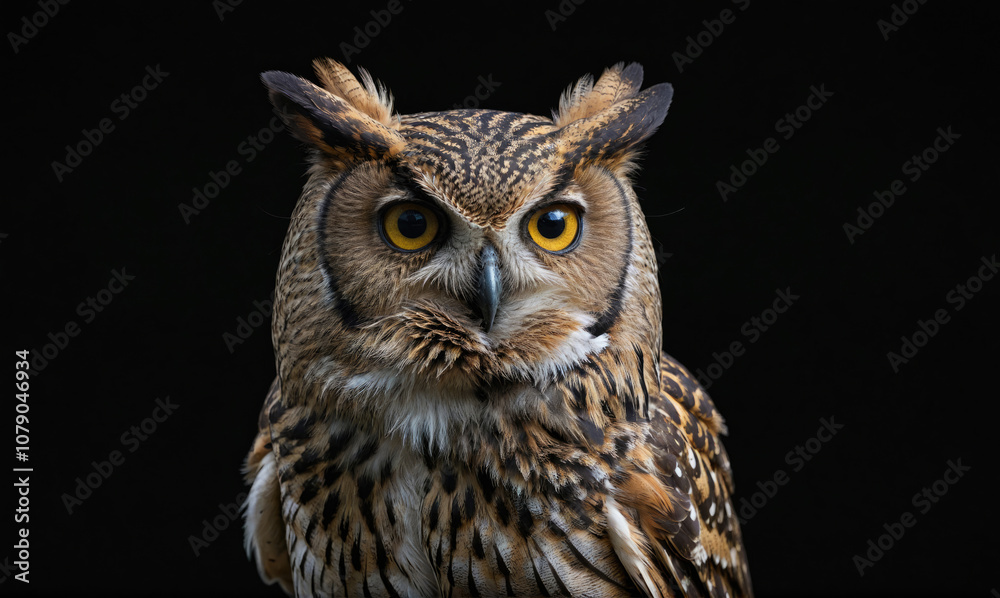 A brown and black owl with yellow eyes stares intensely at the camera A brown and black owl with yellow eyes stares intensely at the camera