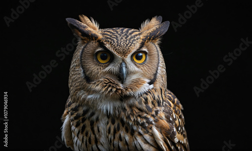 A brown and black owl with yellow eyes stares intensely at the camera