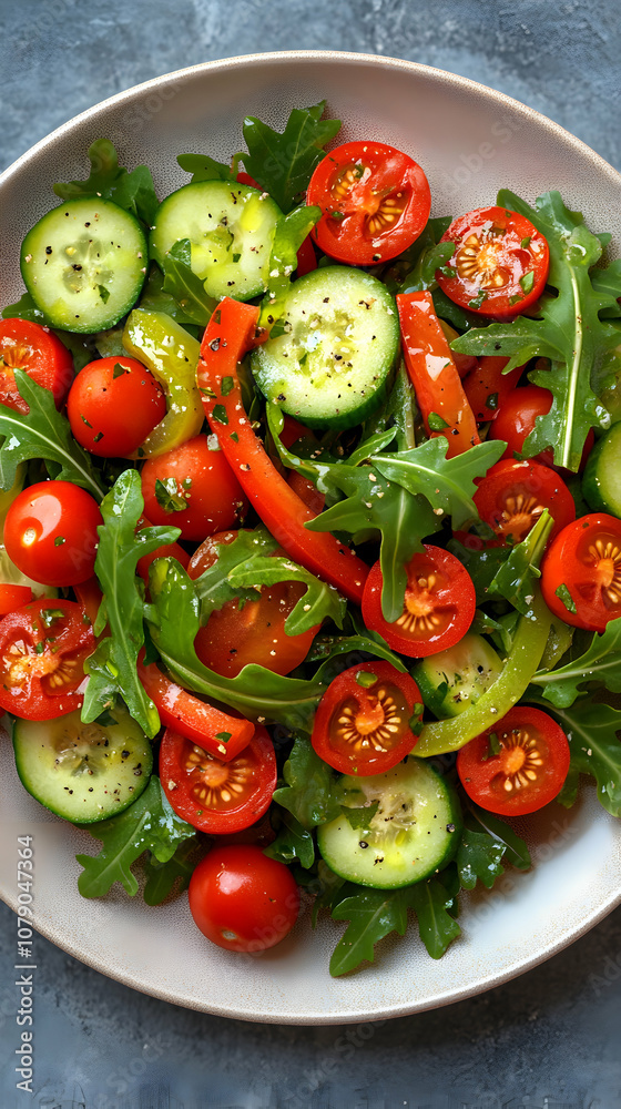 Fresh salad with arugula, tomatoes, cucumbers, and peppers in a bowl. Fresh salad with arugula, tomatoes, cucumbers, and peppers in a bowl.