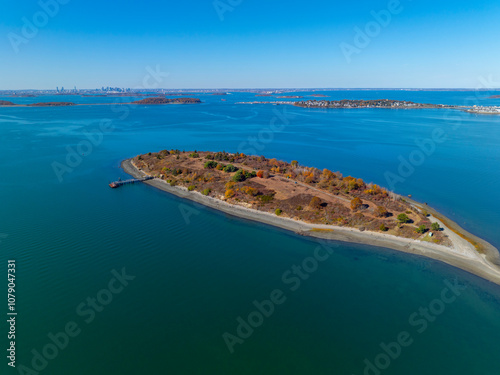 Bumpkin Island aerial view in fall with foliage in Hingham Bay, town of Hull, Massachusetts MA, USA. This Island belongs to Boston Harbor Islands National Recreational Area.  photo