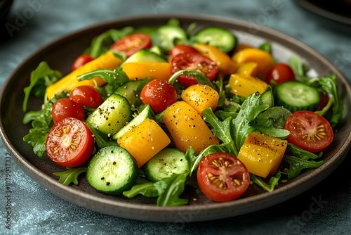 Fresh salad with arugula, tomatoes, cucumber, and bell peppers on a plate.