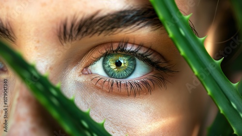 Closeup of a beautiful eye with fresh aloe leaves / skin care beauty concept