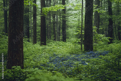 Wild blueberries growing low to the ground in a dense forest photo