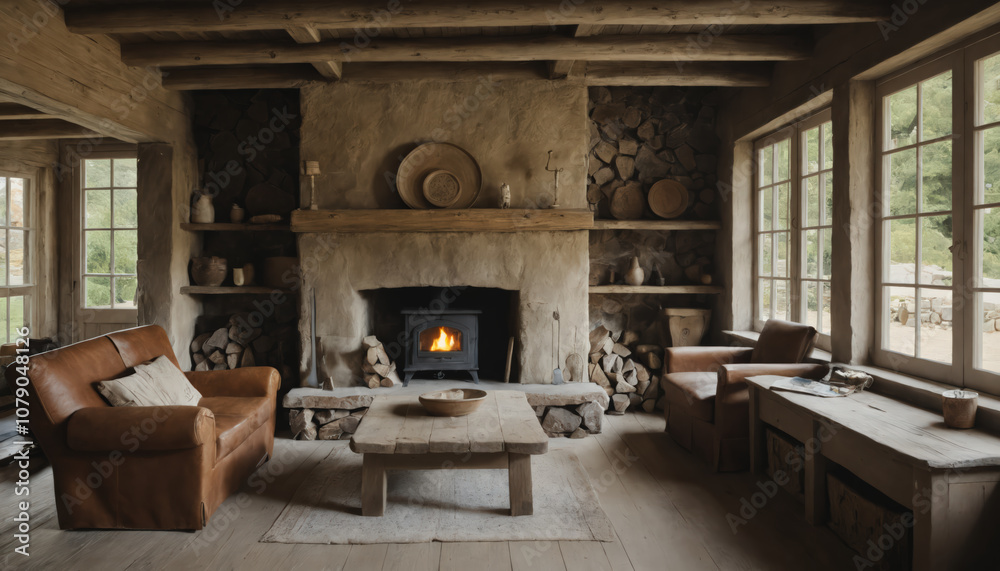 Rustic cabin interior with fireplace, large windows and wood and stone walls. Rustic cabin interior with fireplace, large windows and wood and stone walls.