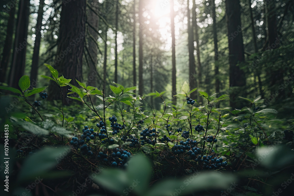 Fototapeta premium Wild blueberries growing low to the ground in a dense forest