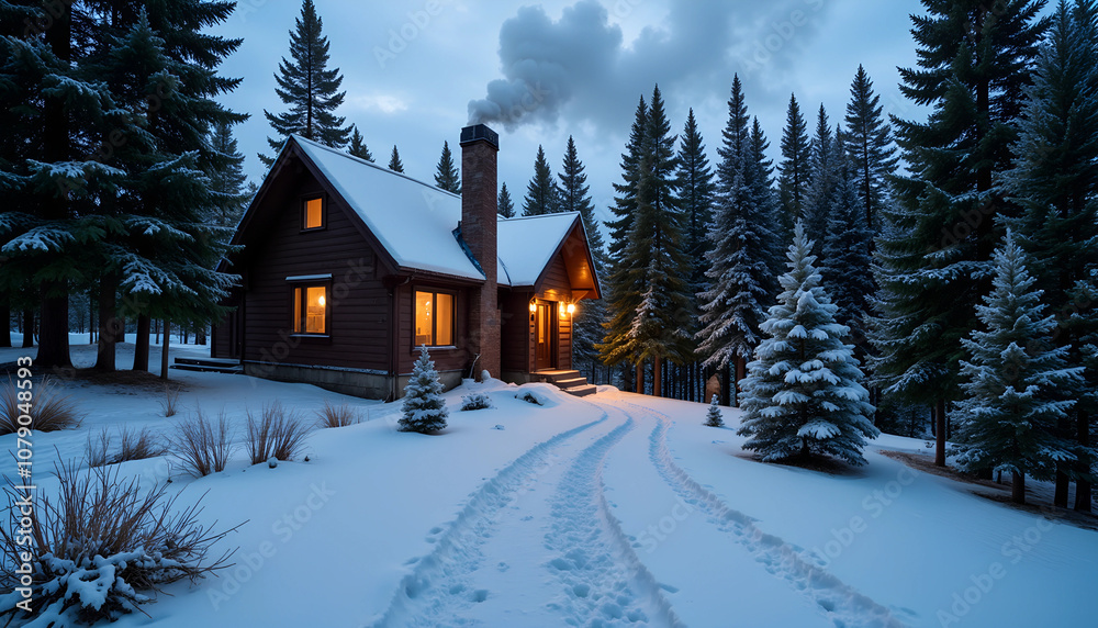A cozy wooden cabin surrounded by tall evergreen trees on a snowy evening, warmly illuminated against the winter twilight A cozy wooden cabin surrounded by tall evergreen trees on a snowy evening, warmly illuminated against the winter twilight