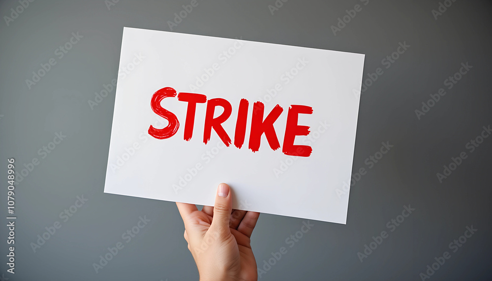 A hand holds a bold red sign that declares strike, symbolizing solidarity and action during a labor protest in a modern urban setting A hand holds a bold red sign that declares strike, symbolizing solidarity and action during a labor protest in a modern urban setting