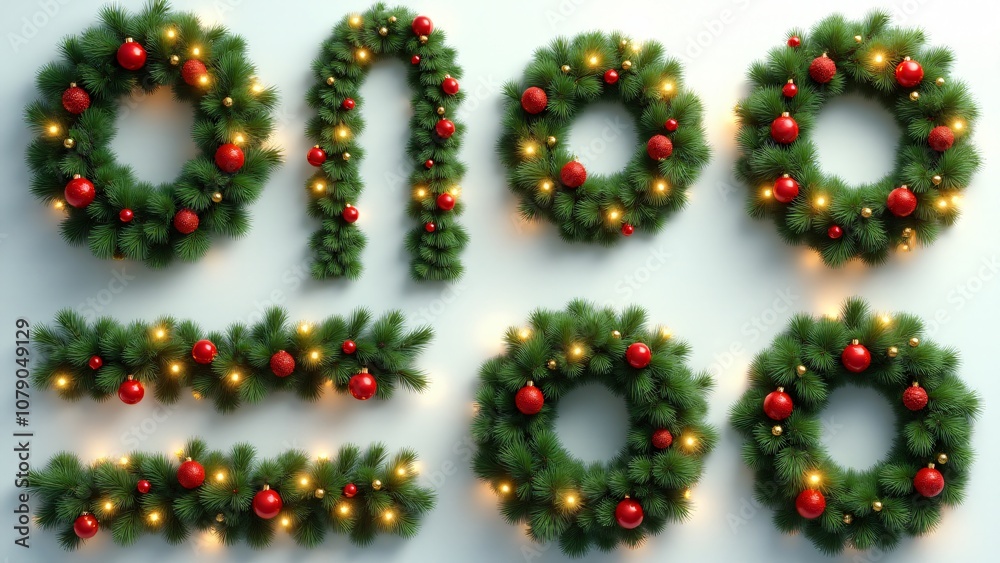 Christmas garland set featuring multiple green pine arrangements decorated with holiday ornaments and twinkling lights Christmas garland set featuring multiple green pine arrangements decorated with holiday ornaments and twinkling lights