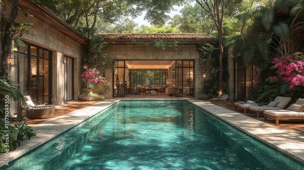 Serene poolside view in a lush, tropical setting. Serene poolside view in a lush, tropical setting.