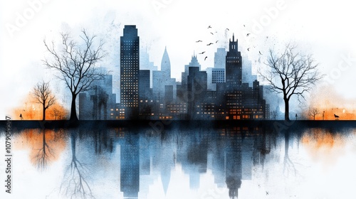 Urban Skyline Reflection Cityscape Trees Water Sunset Birds Winter Abstract Art