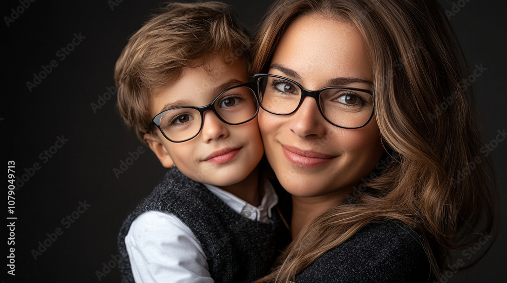woman and boy with glasses share warm embrace, showcasing love and connection. Their smiles reflect joy and affection in cozy setting woman and boy with glasses share warm embrace, showcasing love and connection. Their smiles reflect joy and affection in cozy setting