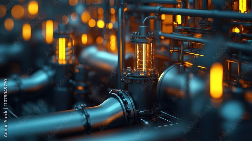 Fototapeta premium Nighttime view of octane refinery with safety lights on, octane processing, 247 energy production