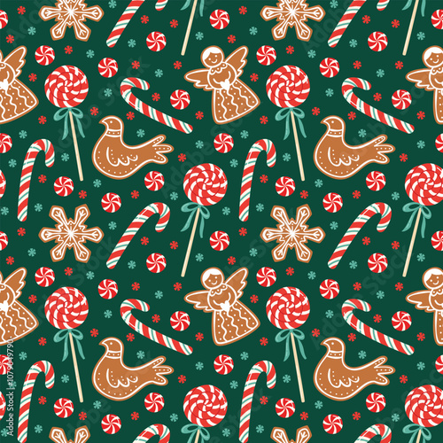 Christmas gingerbread cookies and candies seamless pattern. Holiday traditional desserts background. Flat vector illustration