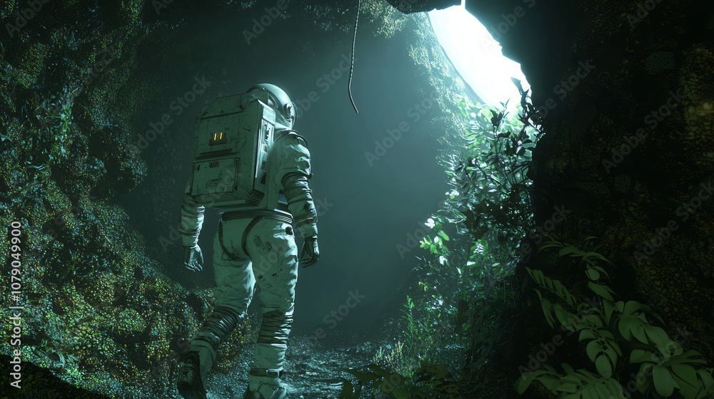 Cosmic Explorer in Bioluminescent Alien Cave - Ultra-Detailed 3D Render with Rich Textures and Shadows Cosmic Explorer in Bioluminescent Alien Cave - Ultra-Detailed 3D Render with Rich Textures and Shadows
