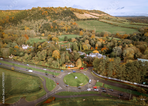 Surrey- UK: Aerial view of Box Hill and round a bout with cycling statue near Dorking photo